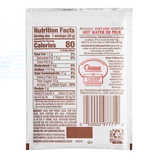 A white Nestle package of Milk Chocolate Hot Cocoa Mix with red text and numbers.