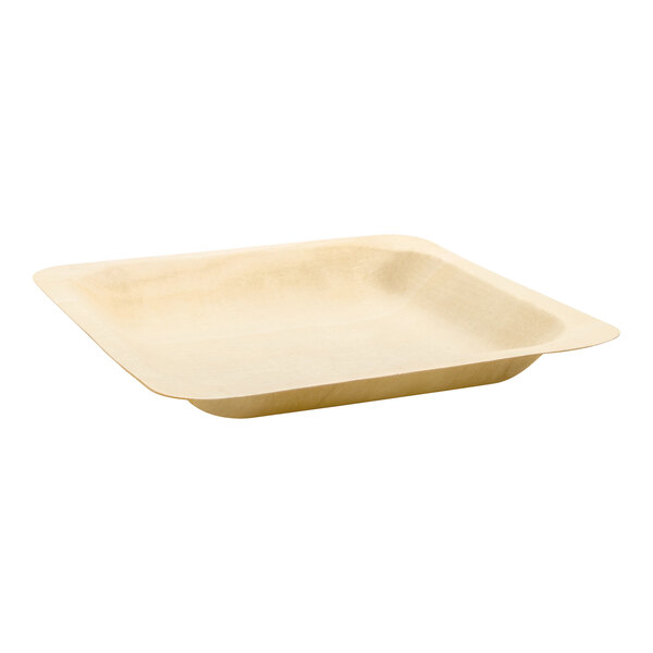 A Front of the House Servewise square wooden plate with a square edge.