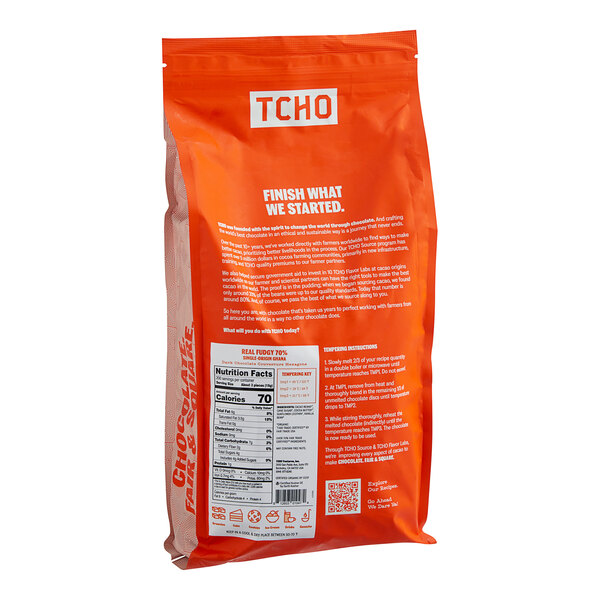 A white bag of TCHO 70% Dark Chocolate Hexagons with white text on it.