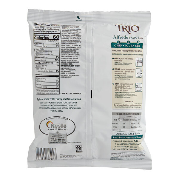 A white bag of Trio Alfredo Sauce Mix with text and images.