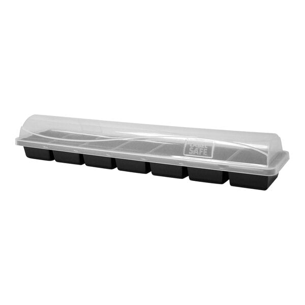A white plastic container with a clear lid and 7 slots for DayMark food labeling stickers.