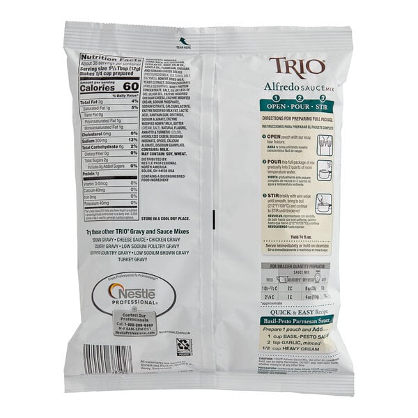A white bag of Trio Alfredo Sauce Mix with text and images.