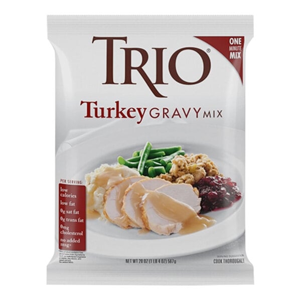 A package of Trio Turkey Gravy mix with a red, white, and green label.