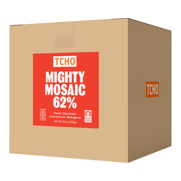 A brown box of TCHO Mighty Mosaic 62% Dark Chocolate Hexagons with a red and white label.
