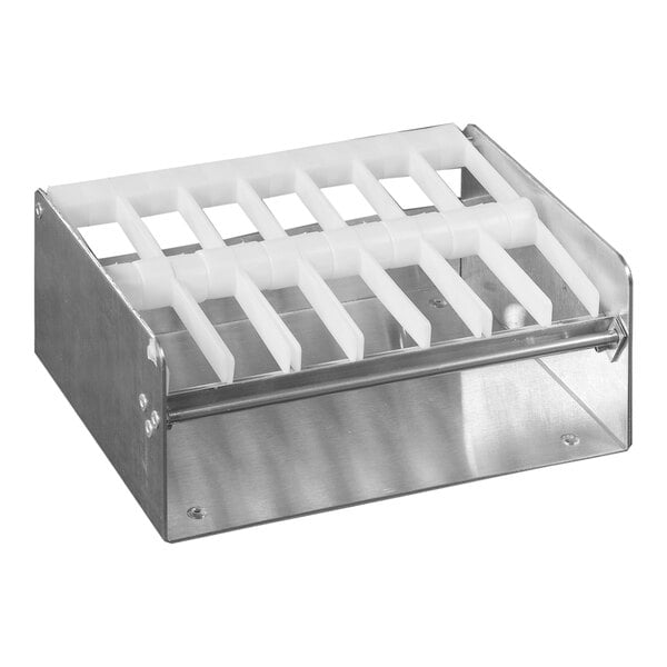 A metal box with white plastic rods in it.