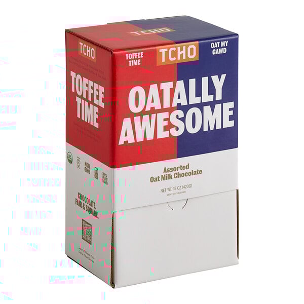A case of TCHO Oatally Awesome assorted oat milk chocolate squares.