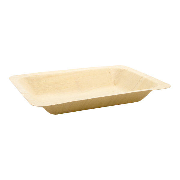 A rectangular wooden tray with a white background.