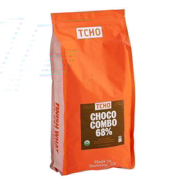 A close-up of a bag of TCHO 68% Dark Chocolate Hexagons.