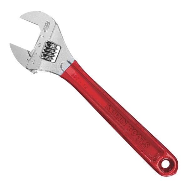 A red and silver Klein Tools adjustable wrench with a red handle.