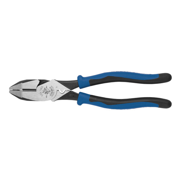 Klein Tools Journeyman high-leverage side cutting pliers with blue handles.