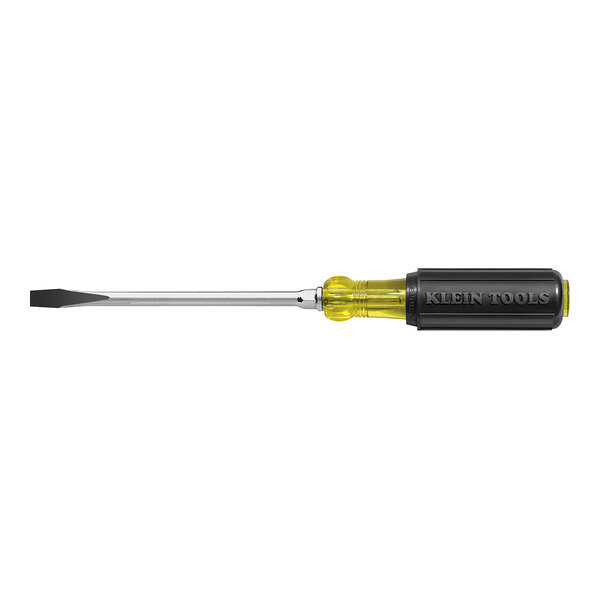 A Klein Tools screwdriver with a yellow handle.