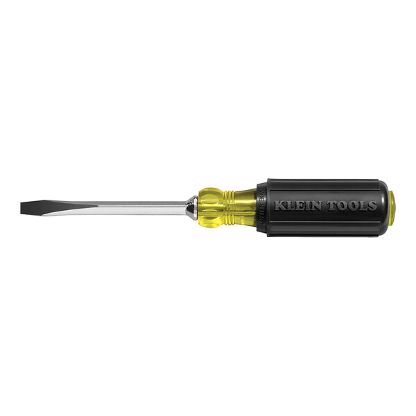 A yellow Klein Tools screwdriver with a silver metal end.