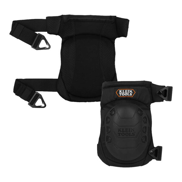 A pair of black Klein Tools hinged knee pads with straps.