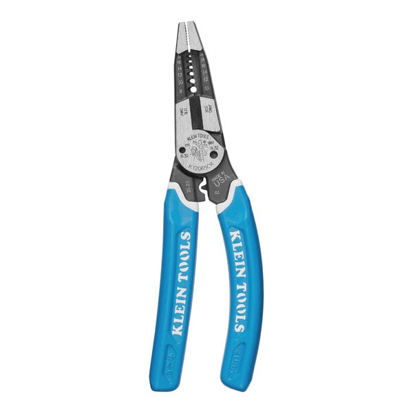 Klein Tools heavy-duty wire cutter and crimper with blue handles.