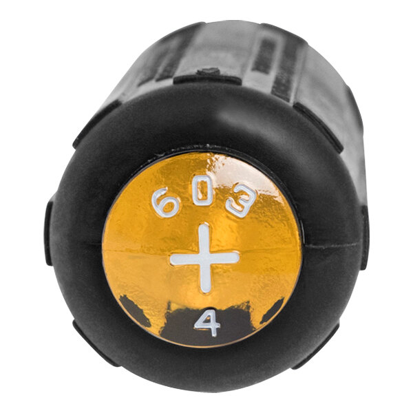 A black and gold Klein Tools screwdriver with white numbers and a white cross.