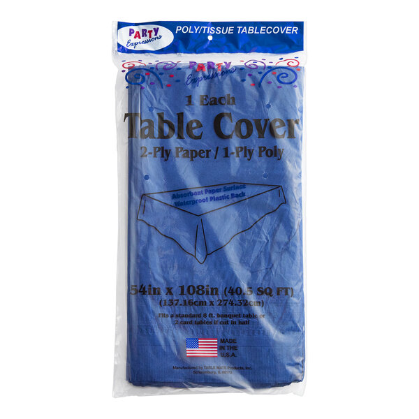 A Table Mate navy blue table cover in a plastic bag.