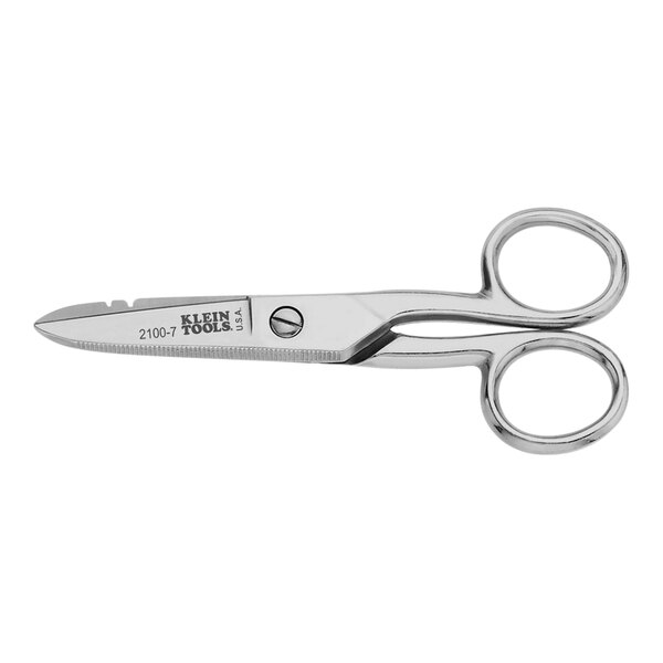 Klein Tools nickel-plated steel Electrician's scissors with a white handle.