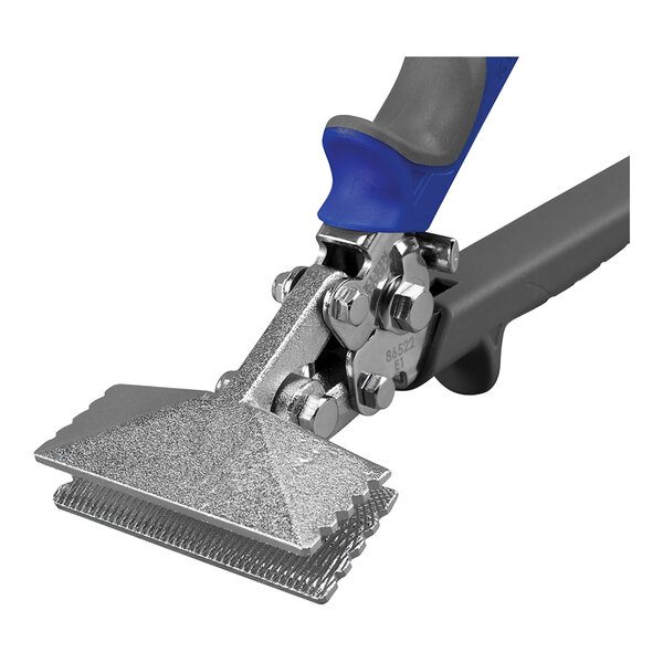 A Klein Tools straight hand seamer with blue handles.