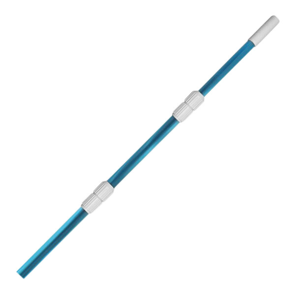 A blue and white metal Kemp USA telescoping pole with a white handle.