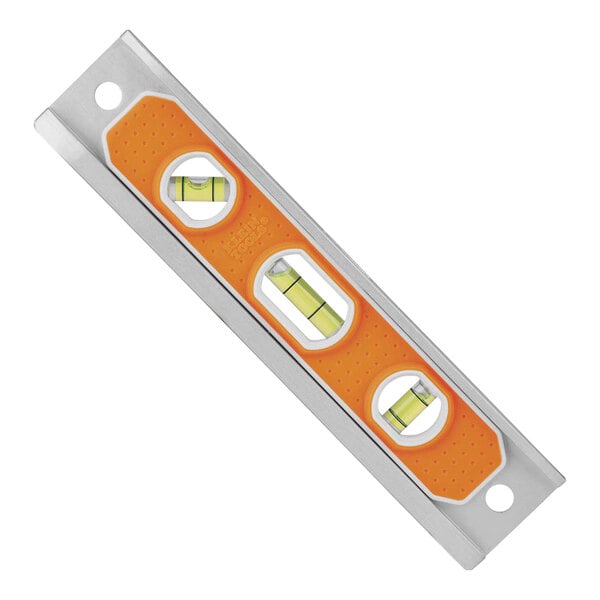 A Klein Tools aluminum torpedo level with yellow and white bubbles.