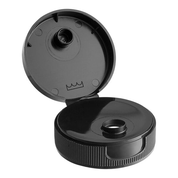 A 38/400 black plastic flip top lid with a black cap.