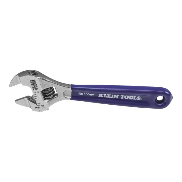 A Klein Tools adjustable wrench with a blue handle.