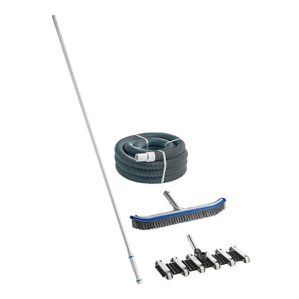 A white background with a Kemp USA swimming pool cleaning kit including a telescoping wand, pool brush, vacuum head, and hose.