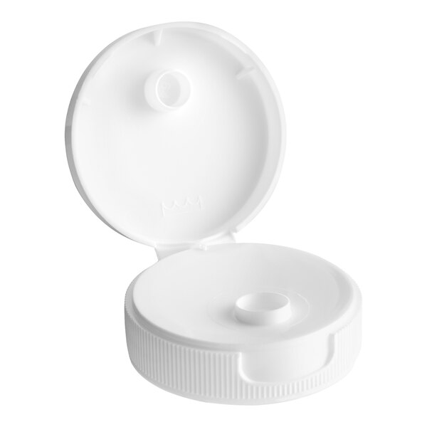 A white plastic flip top lid with a pressure sensitive liner.