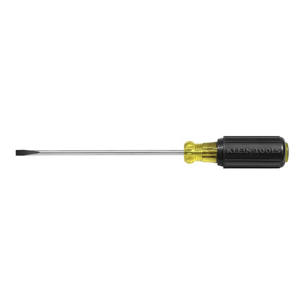 A Klein Tools screwdriver with a yellow and black handle.