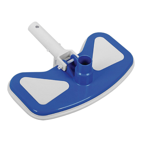 A blue and white plastic Kemp USA pool vacuum head.