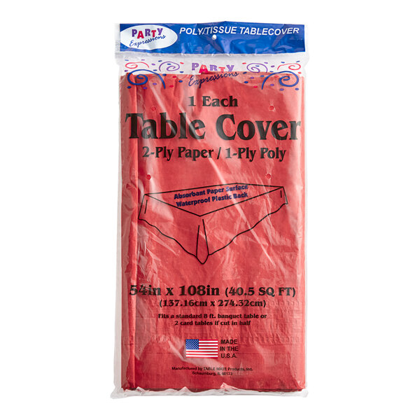 A red plastic bag with a Table Mate red tissue and poly table cover.