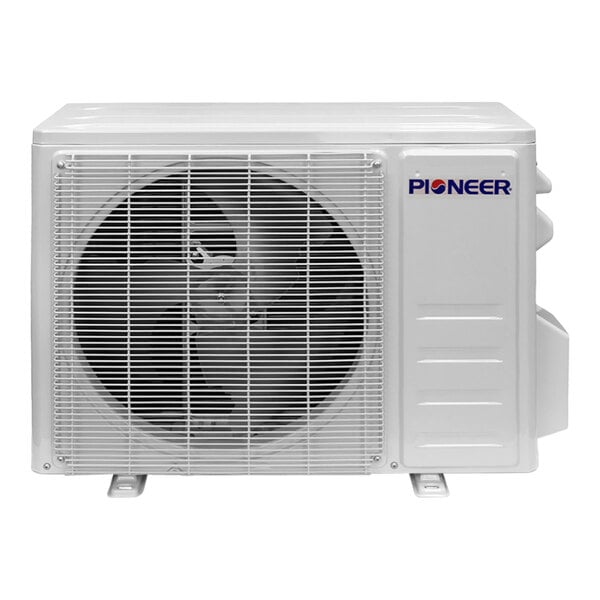 A white Pioneer mini split condenser with a fan.