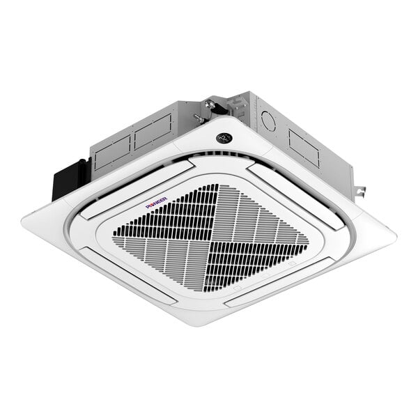 A white Pioneer ceiling mounted mini split air handler.