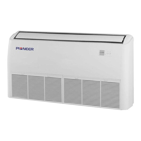 A white rectangular Pioneer ductless mini split air handler with a white cover.