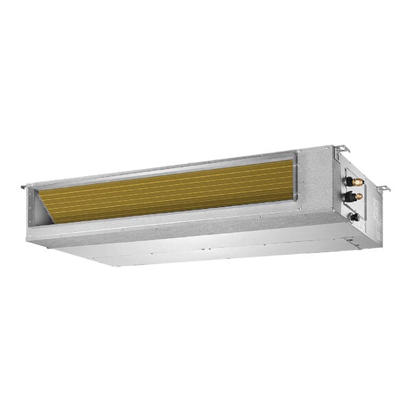 A rectangular metal Pioneer ducted air handler with a yellow panel.