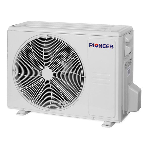 A white Pioneer ductless mini-split heat pump condenser with a fan.