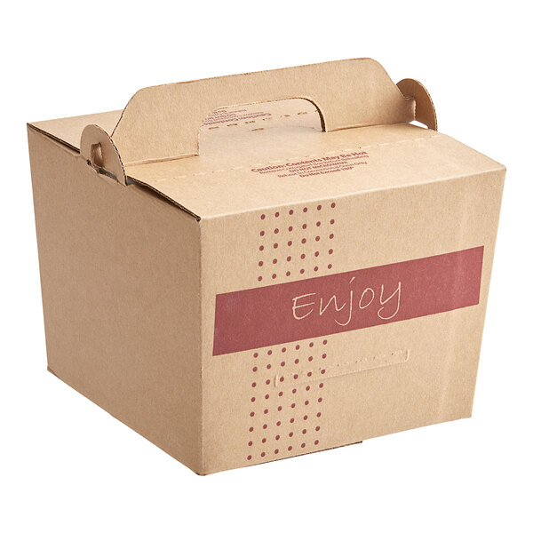 A Kraft cardboard box with the word "enjoy" on it.