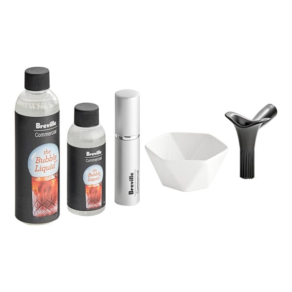 The Breville Commercial Smoke Bubble Kit with a white bowl and a bottle.