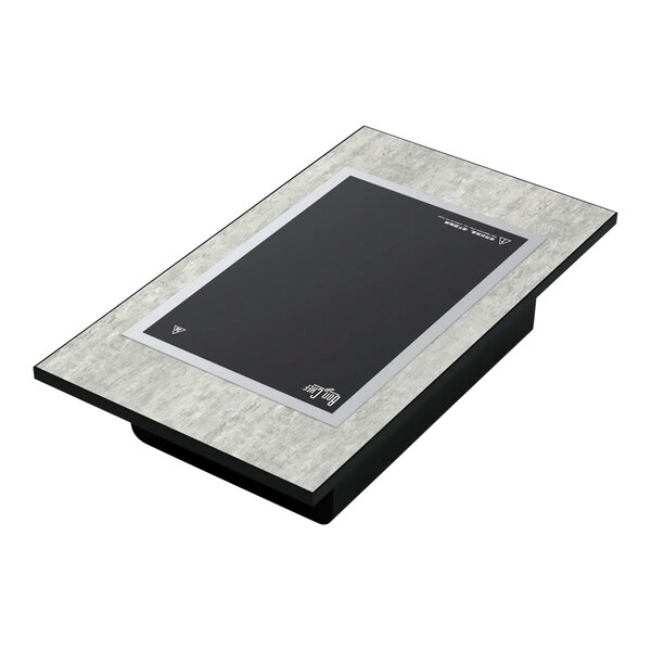 A rectangular black table top with a grey border.