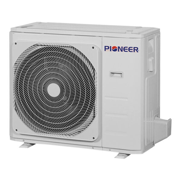 A white Pioneer mini split condenser with a fan.