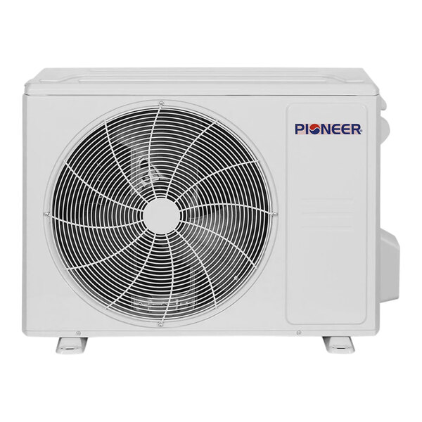 A white Pioneer mini-split heat pump condenser with a round fan.