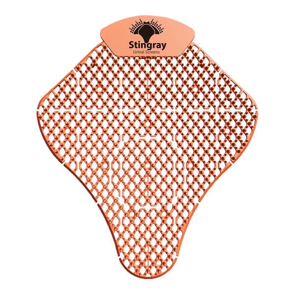 A close up of a small orange WizKid urinal screen with a black and orange logo.