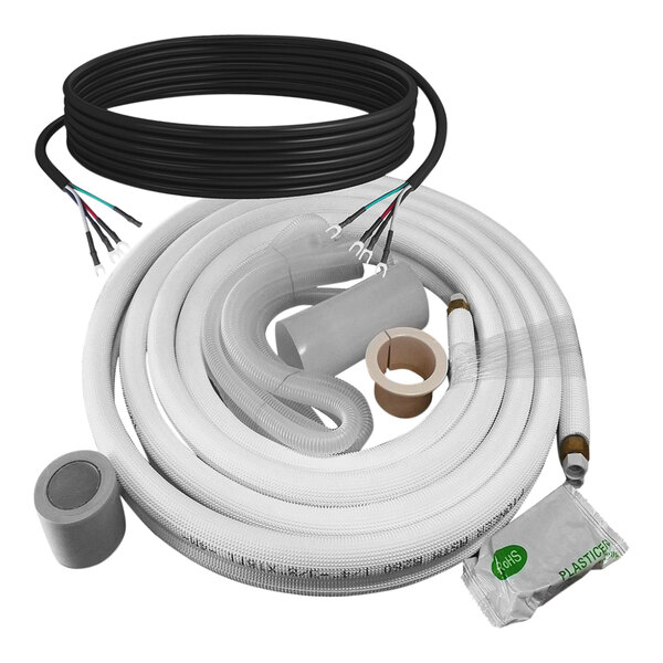 A white plastic bag containing a Pioneer copper piping line set kit with white and black hoses.