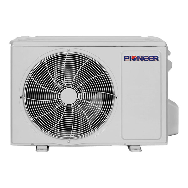 A white Pioneer mini split condenser with a fan inside.