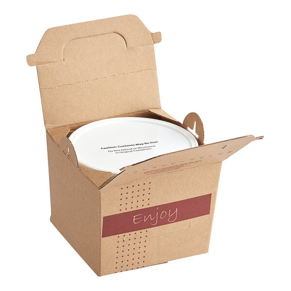 A Kraft cardboard box open to reveal white plastic lids.