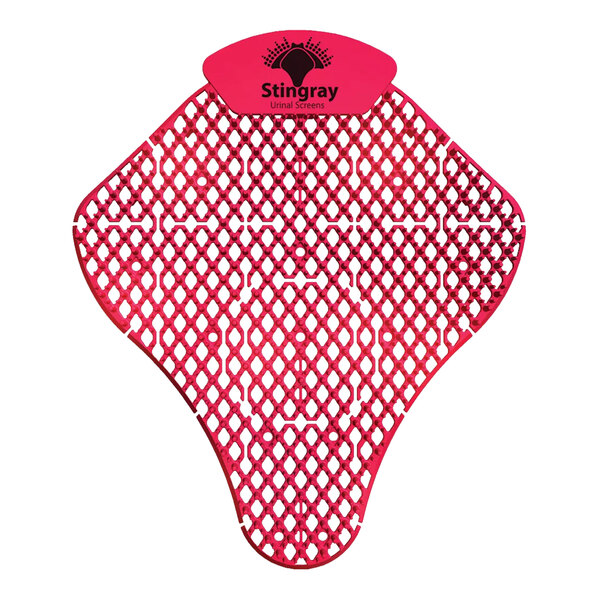 A white mesh urinal screen with pink and black text.