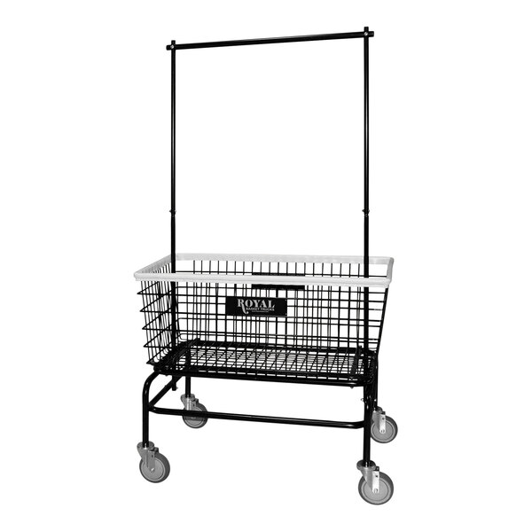 A black shopping cart with a wire basket and a white handle.