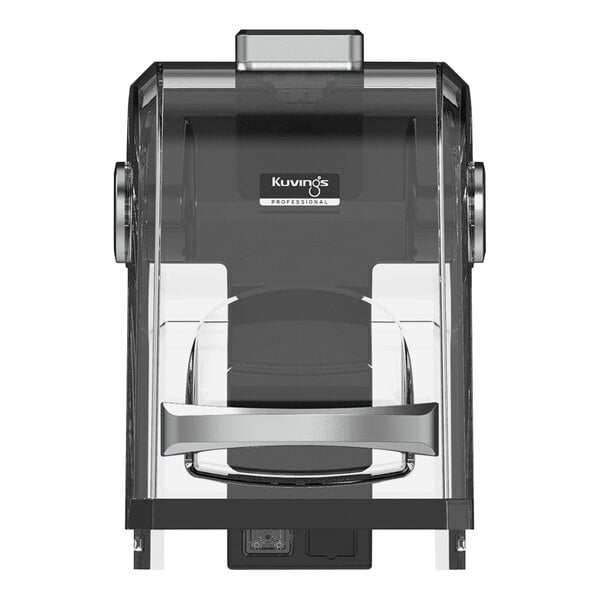 A Kuvings clear and black sound enclosure for a commercial blender.