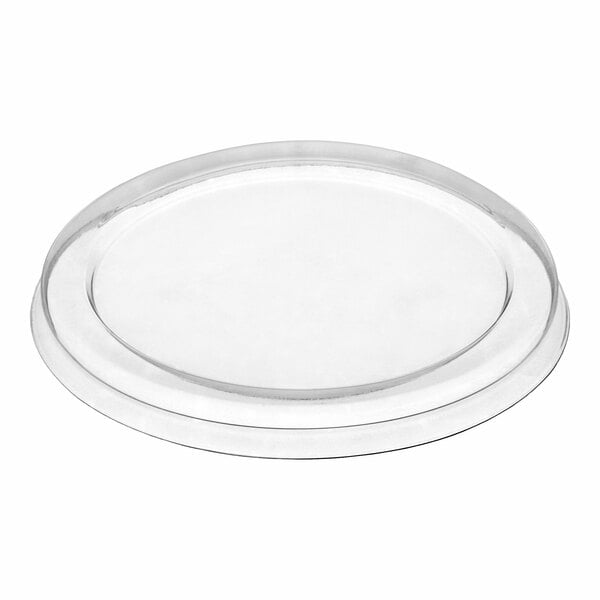 A clear round plastic lid designed to fit a 4 oz. ramekin cup.