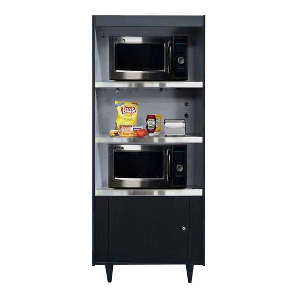 An All State Manufacturing condiment stand with food and drinks on shelves in a corporate cafeteria.